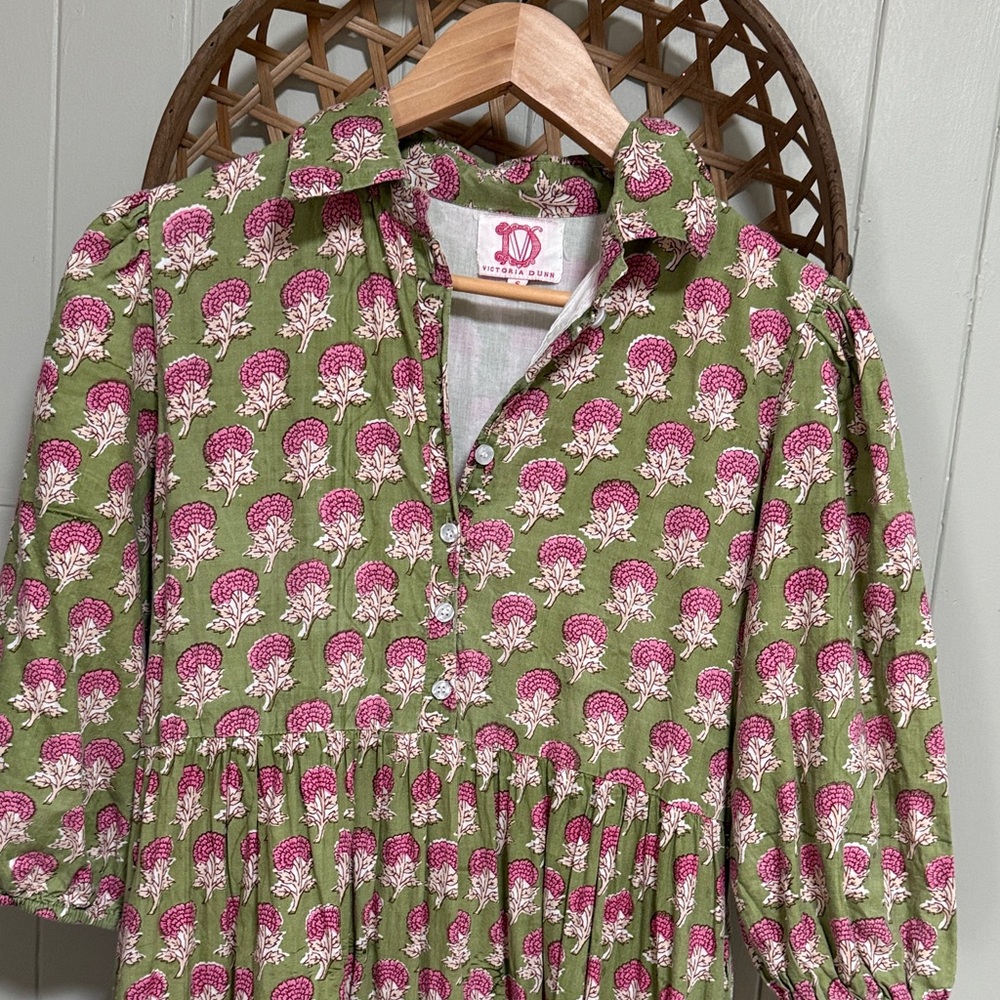 Victoria Dunn Olive Green Maxi Dress with Pink Floral Print